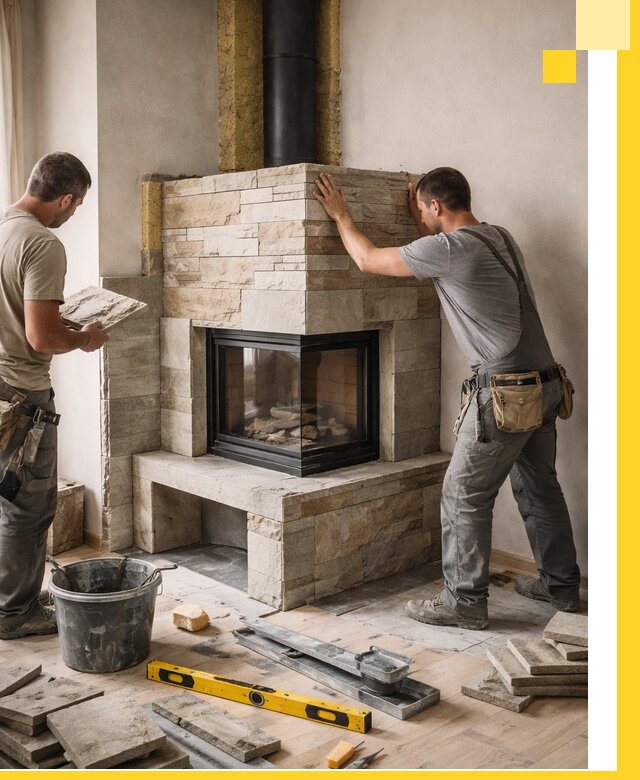 Угловые камины под ключ проект, монтаж и отделка в Колпине