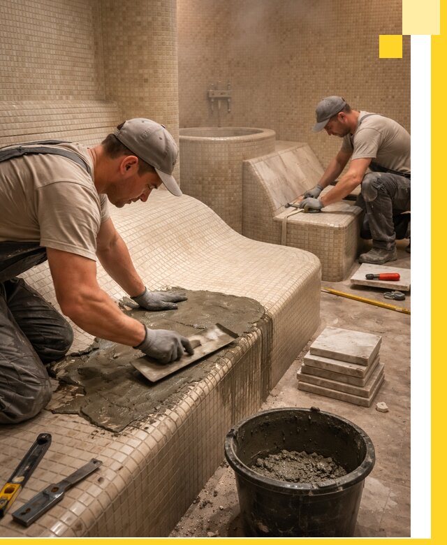 Лежаки для хамама под ключ в Колпине, проект и монтаж