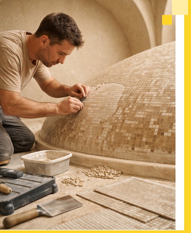 Профессиональная укладка мозаики для хамама под ключ в Колпине